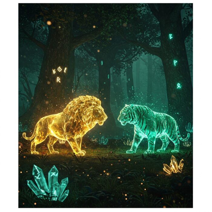 Ethereal Encounter: Crystal Lion and Tiger in an Enchanted Forest